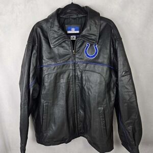 VTG Reebok NFL Indianapolis Colts On Field Leather Jacket Mens L Black Full Zip
